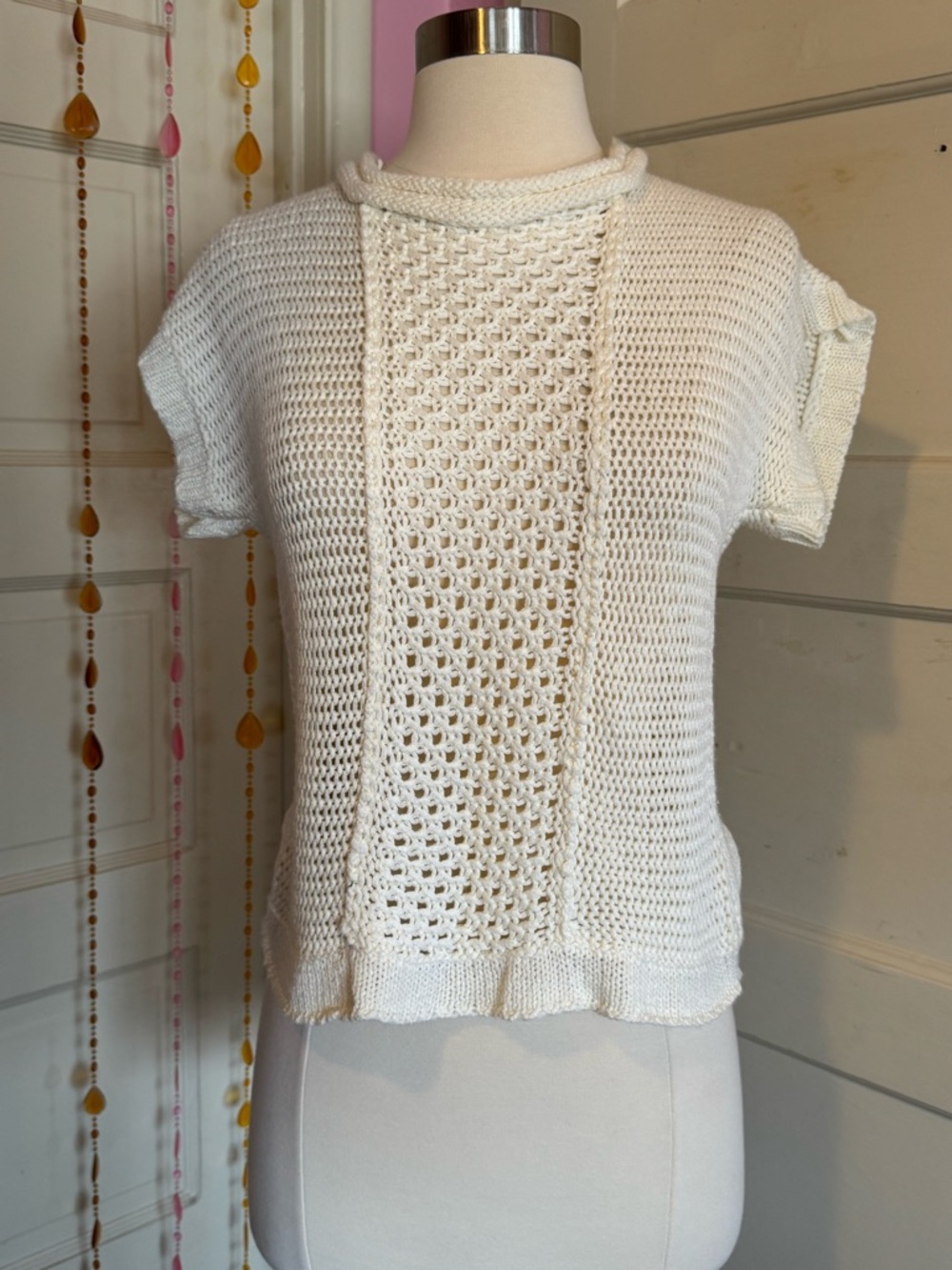 Runway Paris White Knit Short Sleeve Pullover Sweater Top M/L